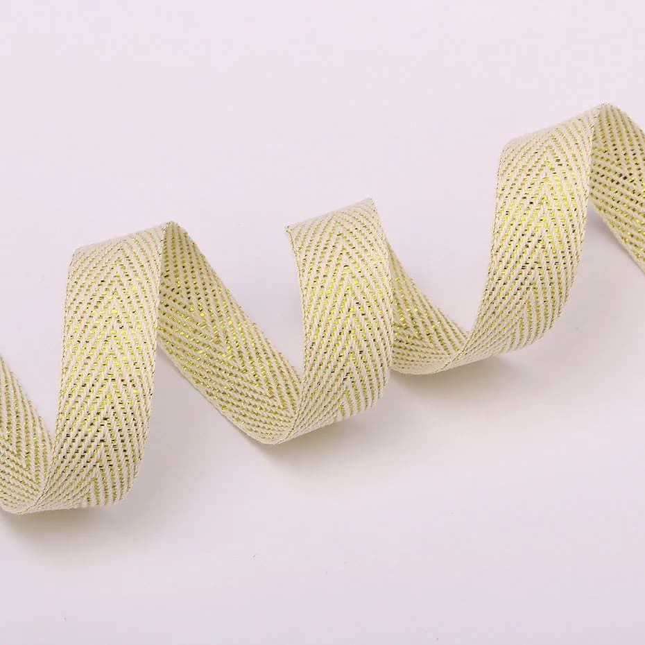 Ruban en sergé chevron 100 % coton, 50 yards/rouleau, avec fil argenté/doré, beige, pour accessoires de couture DIY, 10 mm/15 mm/20 mm/25 mm