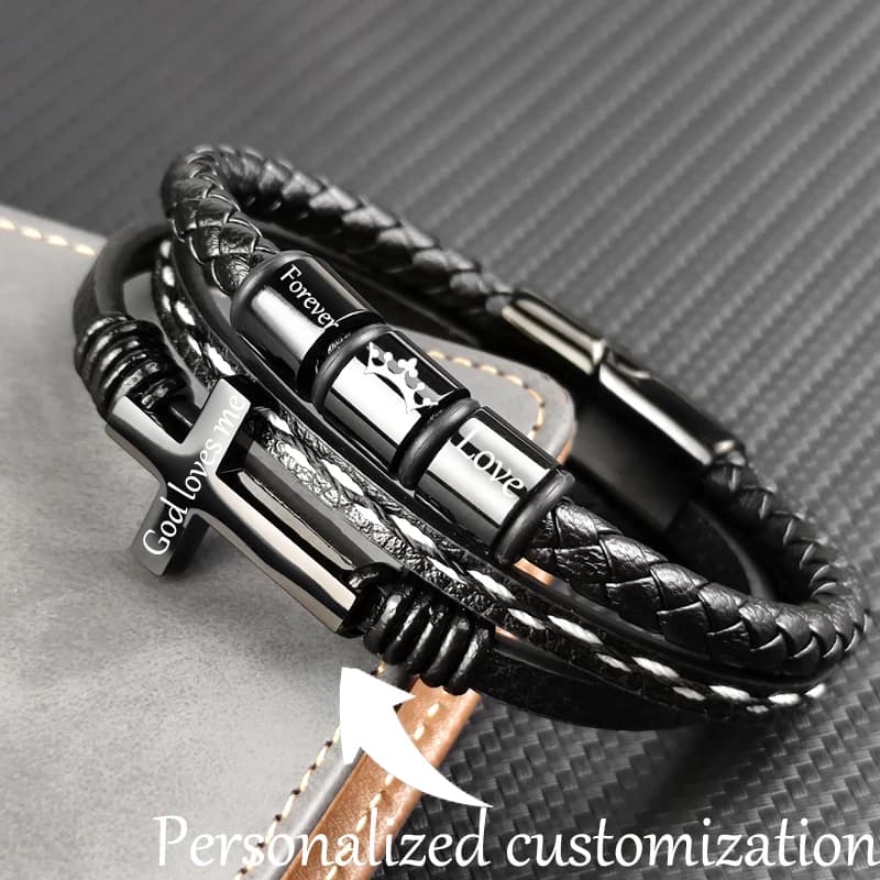 MingAo nouveau nom de famille gravé personnalisé perles croix Bracelets noir tressé en cuir en acier inoxydable Bracelets pour hommes pères