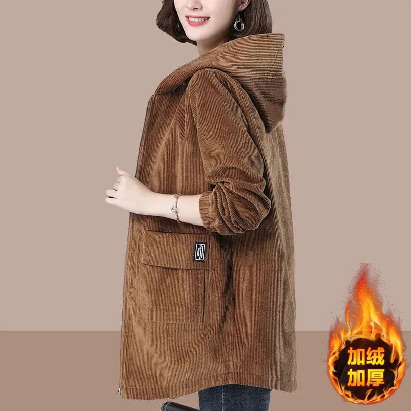 Veste coupe-vent en velours côtelé pour femme, mi-longue, collection automne-hiver 2026, épaisse et ample, à capuche, manteau chaud pour femme 351
