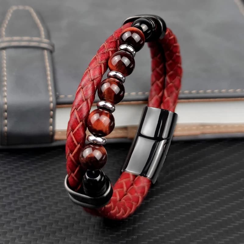 Nouveau rouge naturel rond Chakra perle pierre hommes Bracelet classique rouge en cuir véritable en acier inoxydable bracelets femmes bijoux de mode