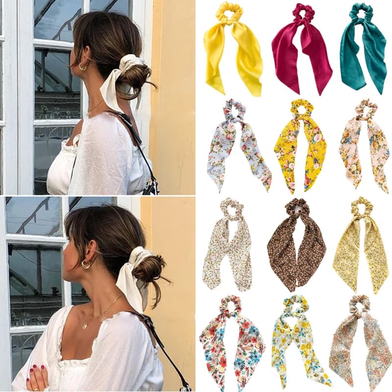 Bandeaux élastiques en satin pour filles, ruban long, écharpe en queue de cheval, chouchous pour femmes, bande de sauna, nœud imprimé à la mode, accessoires pour cheveux