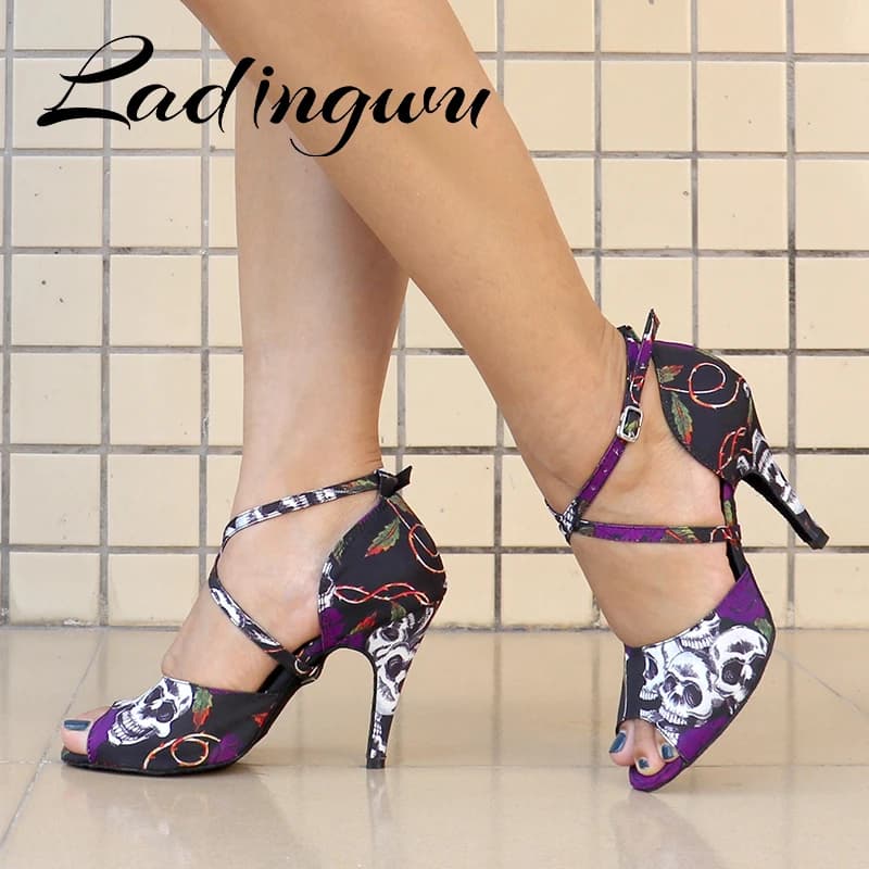 Ladingwu-Chaussures de danse latine pour femmes, talons de salle de Rh, sandales en denim tête de mort, chaussures d'Halloween