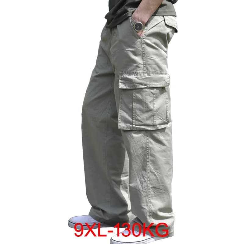 Pantalon cargo en coton pour hommes, grande taille, poches, 8XL, 9XL, 3XL, été, automne, vert armée adt, style safari décontracté
