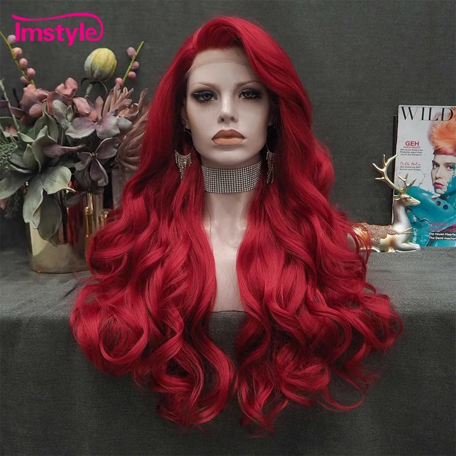 Imstyle perruque rouge longue perruque avant en dentelle synthétique ondulée naturelle perruques de Cosplay pour les femmes fibre résistante à la chaleur blanc brun perruques de dentelle