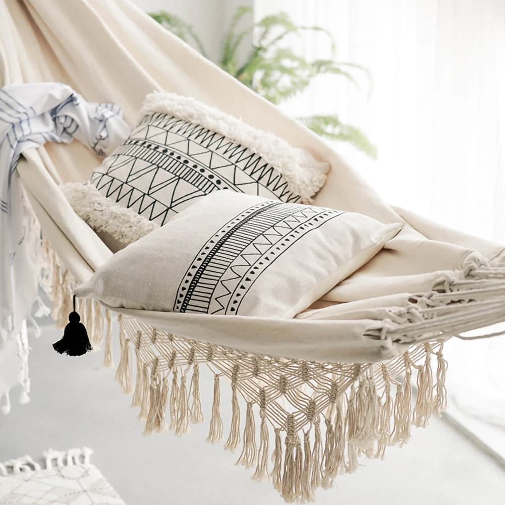 Grand hamac double pour 2 personnes, style bohème, macramé brésilien, franges, hamac double de luxe, chaise suspendue, balançoire intérieure, livraison
