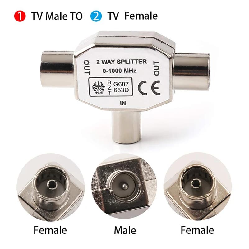 Répartiteur Coaxial aérien TV 1 mâle à 2 femelles connecteurs Type T/F prise d'antenne pour adaptateurs TV/T 1 pièce