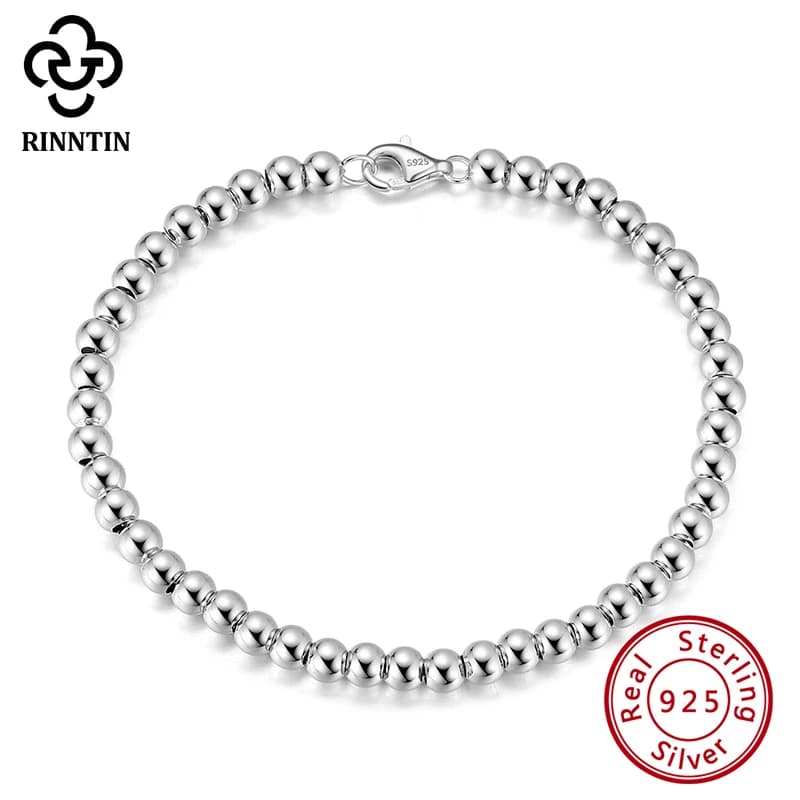 Rinntin-Bracelets faits à la main en argent regardé 925 pour hommes et femmes, brin de perles JOBracelet, bijoux faits à la main, 4mm, SB103