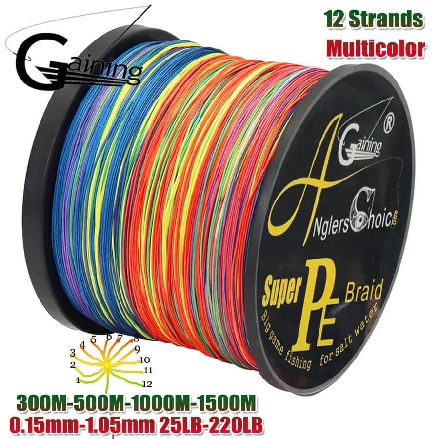 Fil de pêche tressé PE Super multicolore, ligne de pêche très résistante, 12 brins, 300m, 500m, 1000m, 1500m Fil de tresse Ligne de pêche tressée PE super multicolore Ligne de pêche forte 25LB-220LB