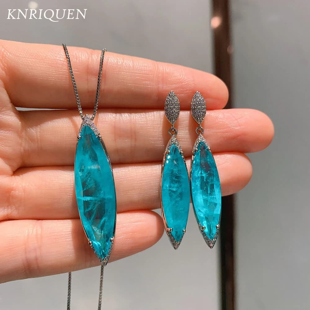 Collier et boucles d'oreilles en Tourmaline Paraiba bleue, pendentif en pierres précieuses, ensembles de bijoux de luxe, cadeaux pour femmes, accessoires Vintage, 2021