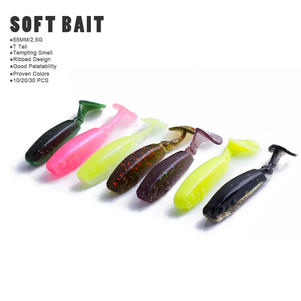 Hanlin-Leurres de pêche coulants en silicone souple avec queue en T, appâts de jigging, matériel de pêche au brochet et au bar, 2.5g, 55mm, 10 pièces, 20 pièces, 30 pièces