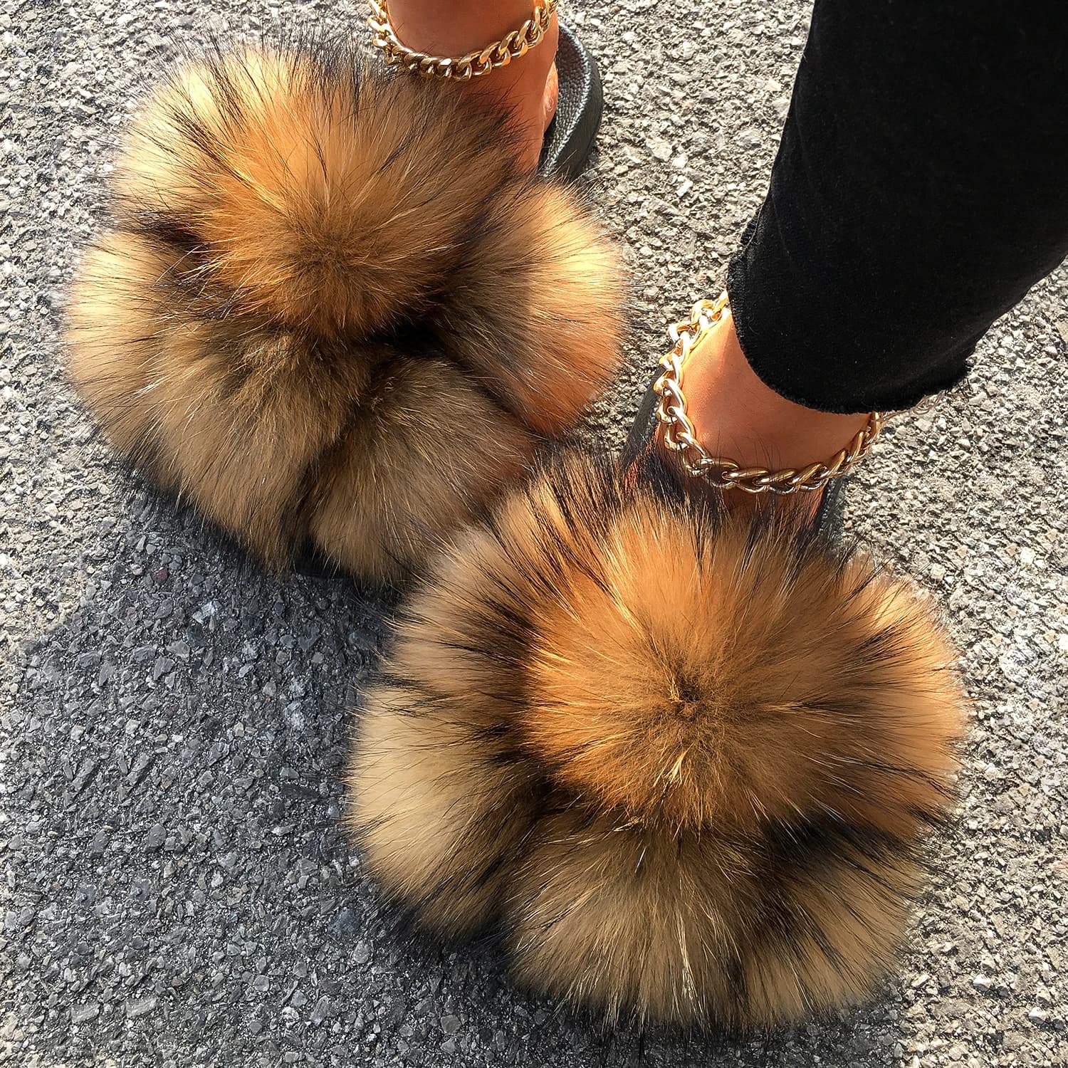 Claquettes en fourrure de renard et de raton laveur, sandales d'été plates pour femme, pantoufles d'intérieur en peluche, chaussures féminines