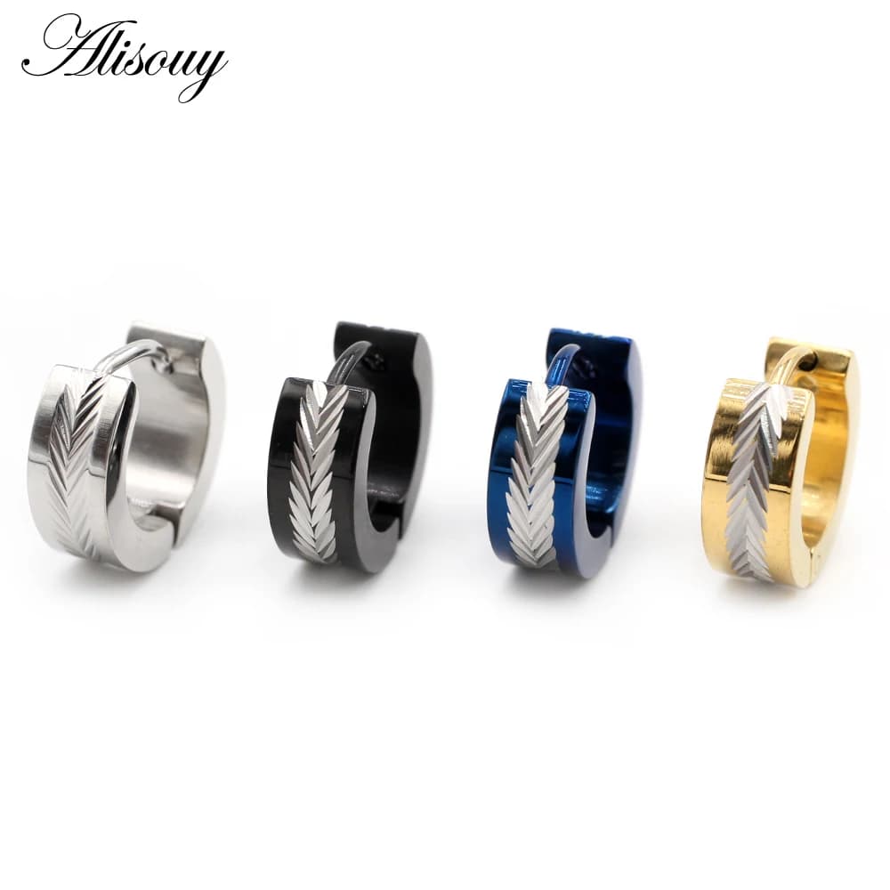 Alisouy 2 paires de boucles d'oreilles créoles punk en acier inoxydable avec motifs d'épis de blé et de feuille, pour femmes et hommes, bijoux de piercing