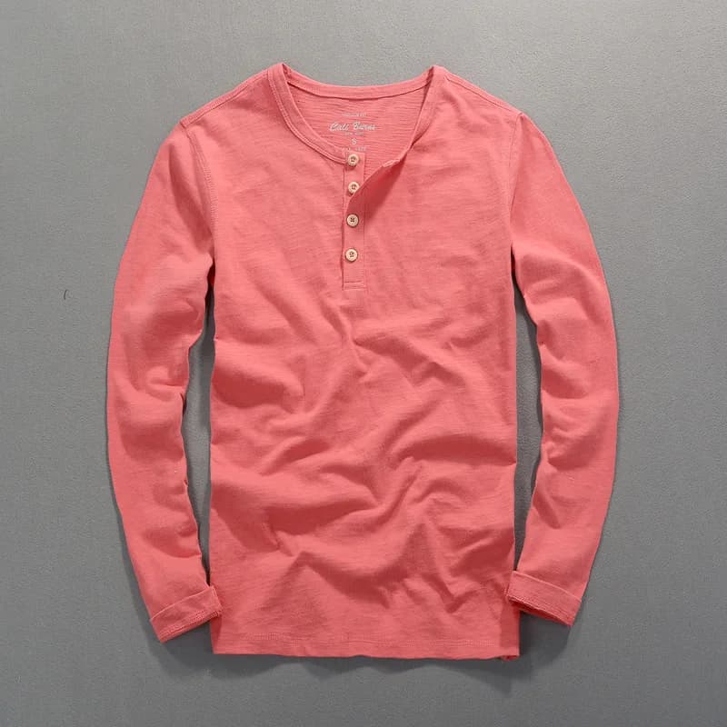 T-shirt en coton à manches longues pour hommes, Économie en Y minces, Économie confortables, Col boutonné, Solide, Vintage, Mode printanière