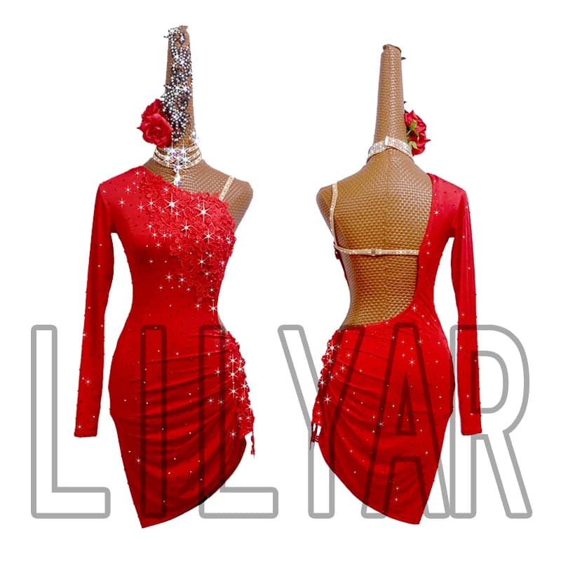 Nouvelle robe de danse latine, robe de concours, robe de spectacle, robe de danse brodée rouge personnalisée pour adulte