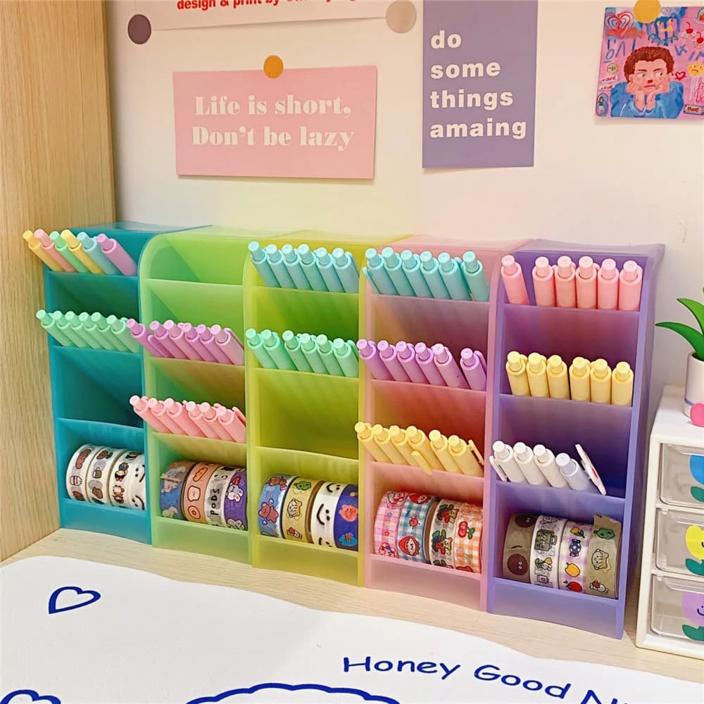 Porte-stylo de bureau couleur bonbon, 4 grilles, Kawaii, petits pinceaux de maquillage, rouge à lèvres, stylos, organisateur de rangement, papeterie scolaire