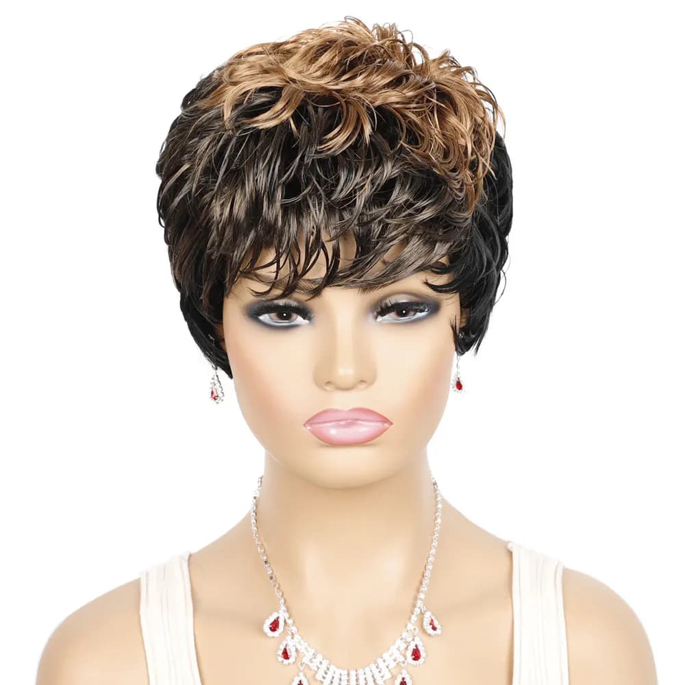 SQRDGQ – perruques synthétiques courtes pour femmes, perruque ondulée naturelle noire et marron, coupe Pixie, bouclée, avec frange