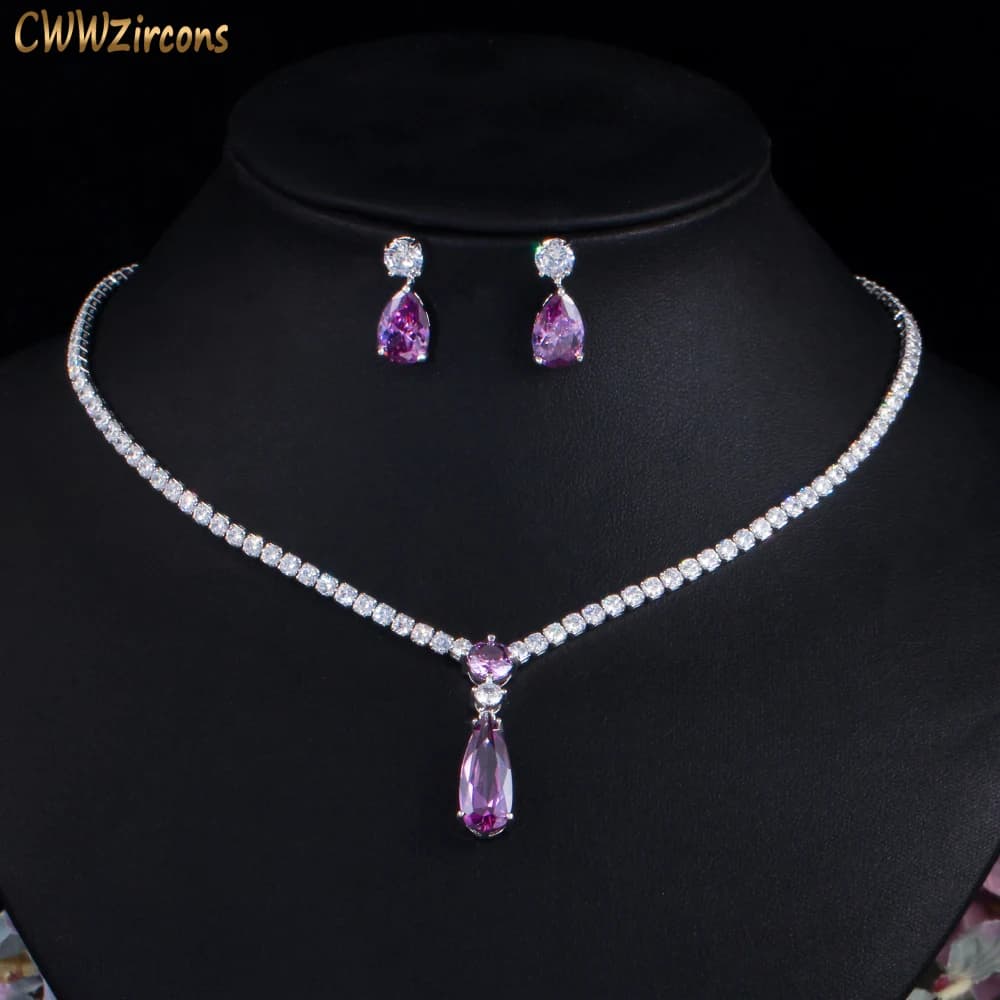 CWWZircons – ensemble de bijoux en zircone cubique rouge et violet pour femmes, ensemble de bijoux de fiançailles à la mode pour mariage, cadeau de demoiselle d'honneur T0751