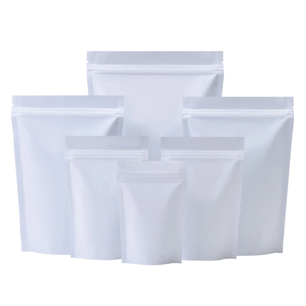 100 pièces mat blanc aluminium Mylar feuille Zip Lock Stand Up sac auto-scellant encoche de déchirure réutilisable Doypack nourriture Snack chocolat pochettes