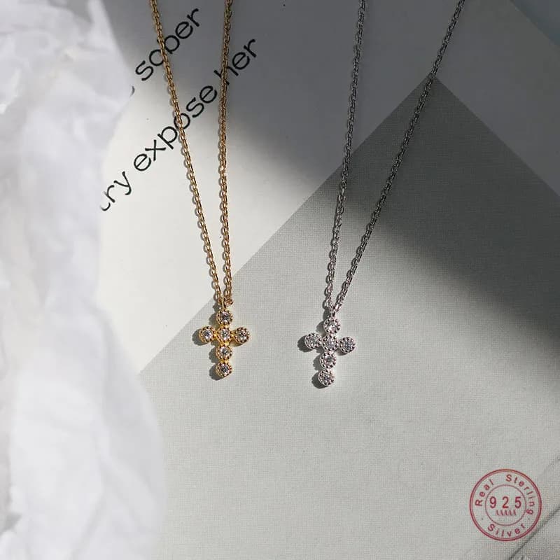 Collier en argent sterling 925 avec pendentif en croix pour femme, pavé simple en cristal, bijou de fête de mariage, idéal comme cadeau pour petite amie