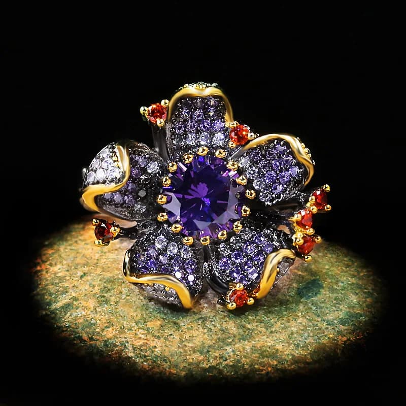 Bague en or noir en forme de fleur de diamant violet unique pour femme, bijoux brillants, timbre de fête élégant, nouveau, 925