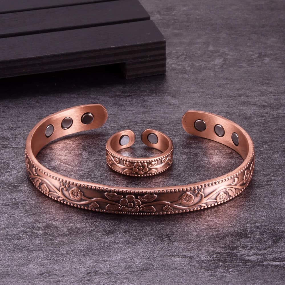 Ensemble de bijoux magnétiques en cuivre pur, anneau réglable, Vintage, fleur, énergie de santé, ensemble d'arthrite pour femmes et hommes