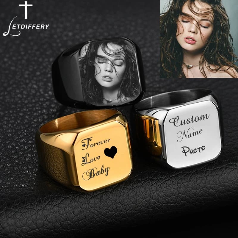 Letdiffery personnalisé graver nom Photo anneau en acier inoxydable personnalisé famille amoureux fiançailles anneaux de mariage bijoux cadeaux