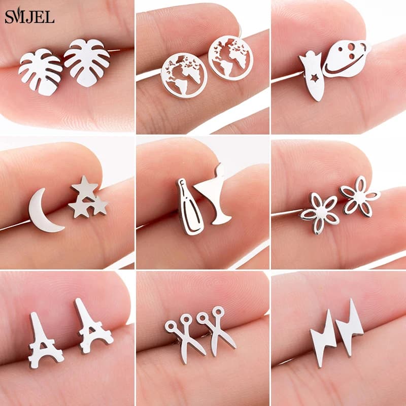Boucles d'oreilles clous multiples en acier inoxydable noir pour femmes et hommes, bijoux de piercing tendance avec motifs vaisseaux spatiaux, ciseaux, Tour Eiffel, étoiles et lunes