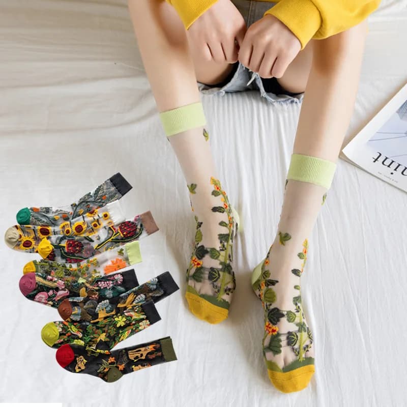 InjSocks-Chaussettes Jacquard Ultraminces en Verre pour Femme, Mode Japonaise et Coréenne, Cool, Créatif, Floral, Transparent, Tendance, Été, 1 Paire