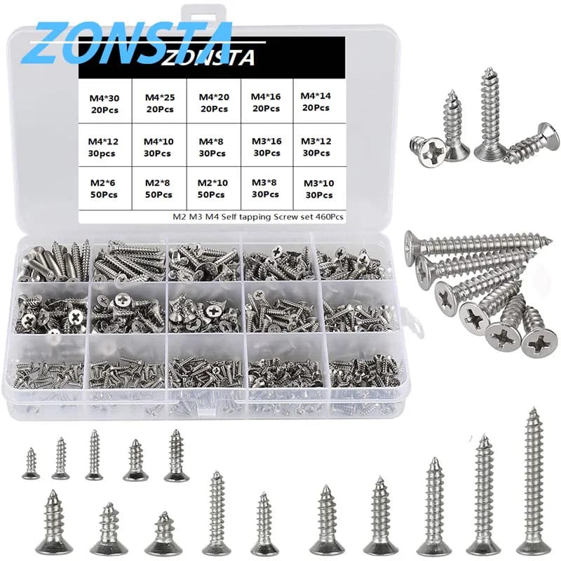 Kit d'Assortiment de Vis Autotaraudeuses à Tête Fraisée M2 M3 M4, 460 Pièces, en Acier Inoxydable 304, Petites Vis à Bois à Fente Croisée