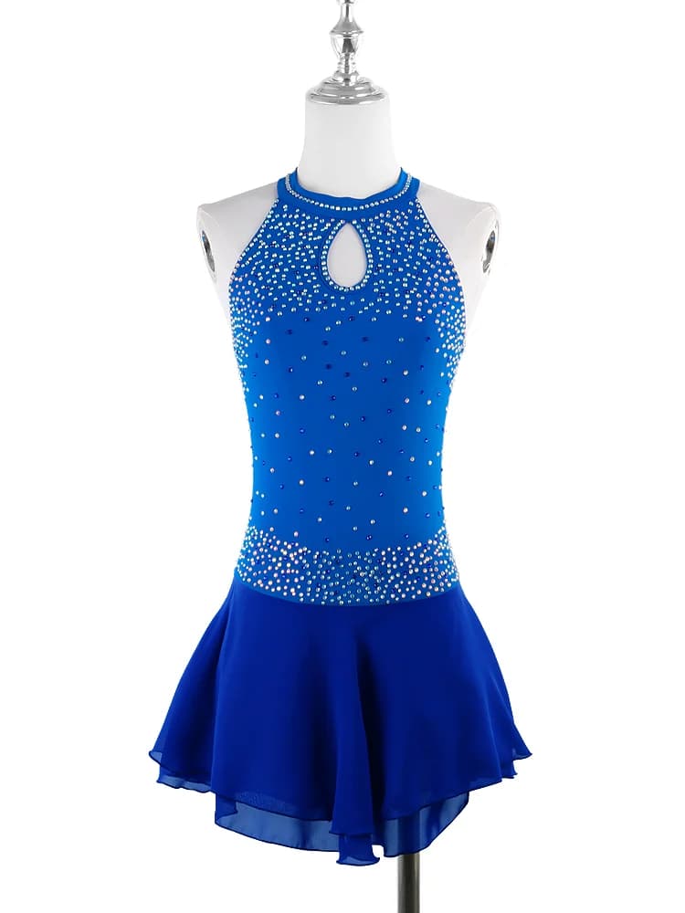 Robe de patinage artistique personnalisée pour femmes et filles, vêtements de patinage sur glace, ceinture en fibre avec biscuits, saphir