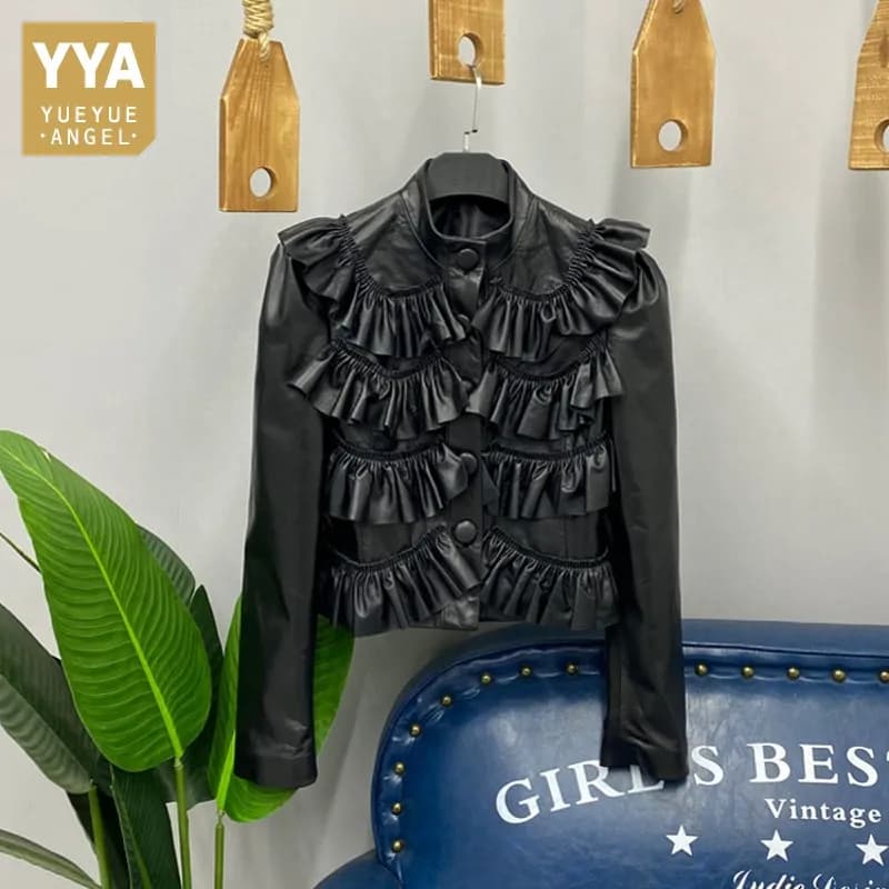 Col montant plissé volants court taille haute veste femmes en cuir véritable en peau de mouton recadrée manteau mode mince vestes S-3XL
