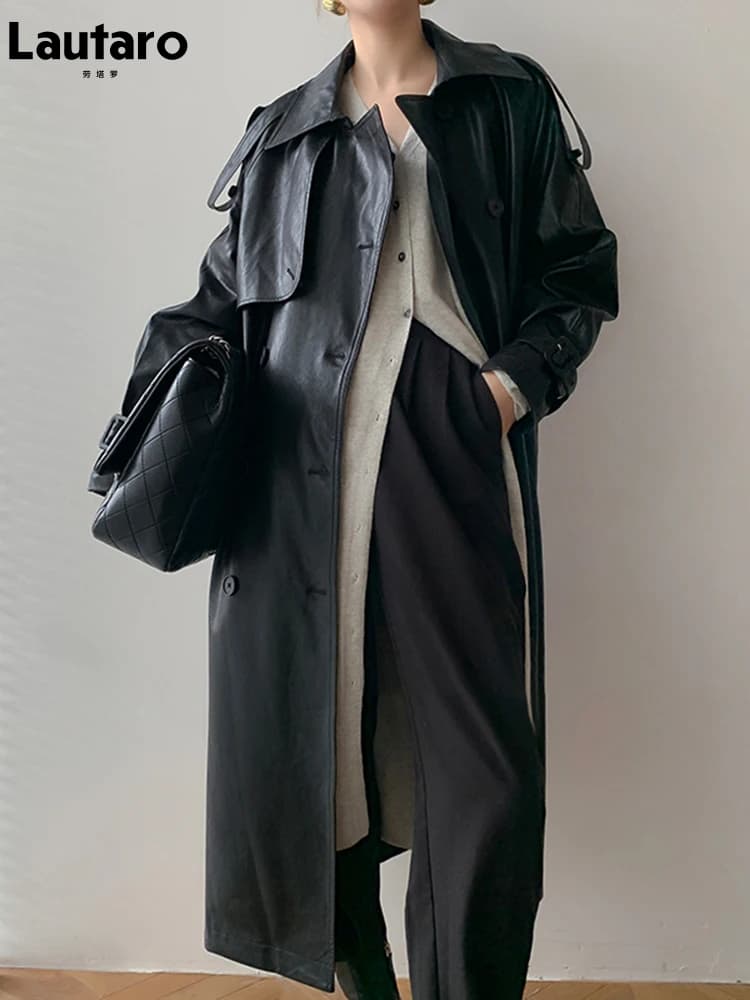 Lautaro-Manteau long en similicuir pour femme, manches longues, double boutonnage, marron, respirant, noir, mode coréenne, automne