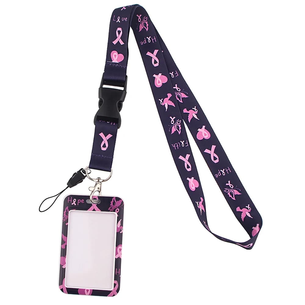 YL201 Porte-clés et porte-badge pour femme, motif ruban rose pour la lutte contre le cancer du sein, personnalisable, pour carte d'identité, permis, clés de voiture, téléphone portable et salle de