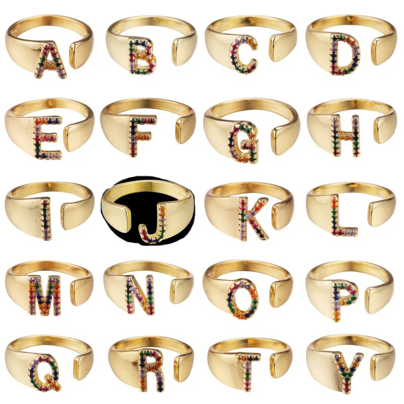 Juya-Bagues ouvertes et ajustables plaquées or véritable 18 carats pour hommes et femmes, lettres initiales, arc-en-ciel, fournitures de bijoux CitroJewelry, livraison directe