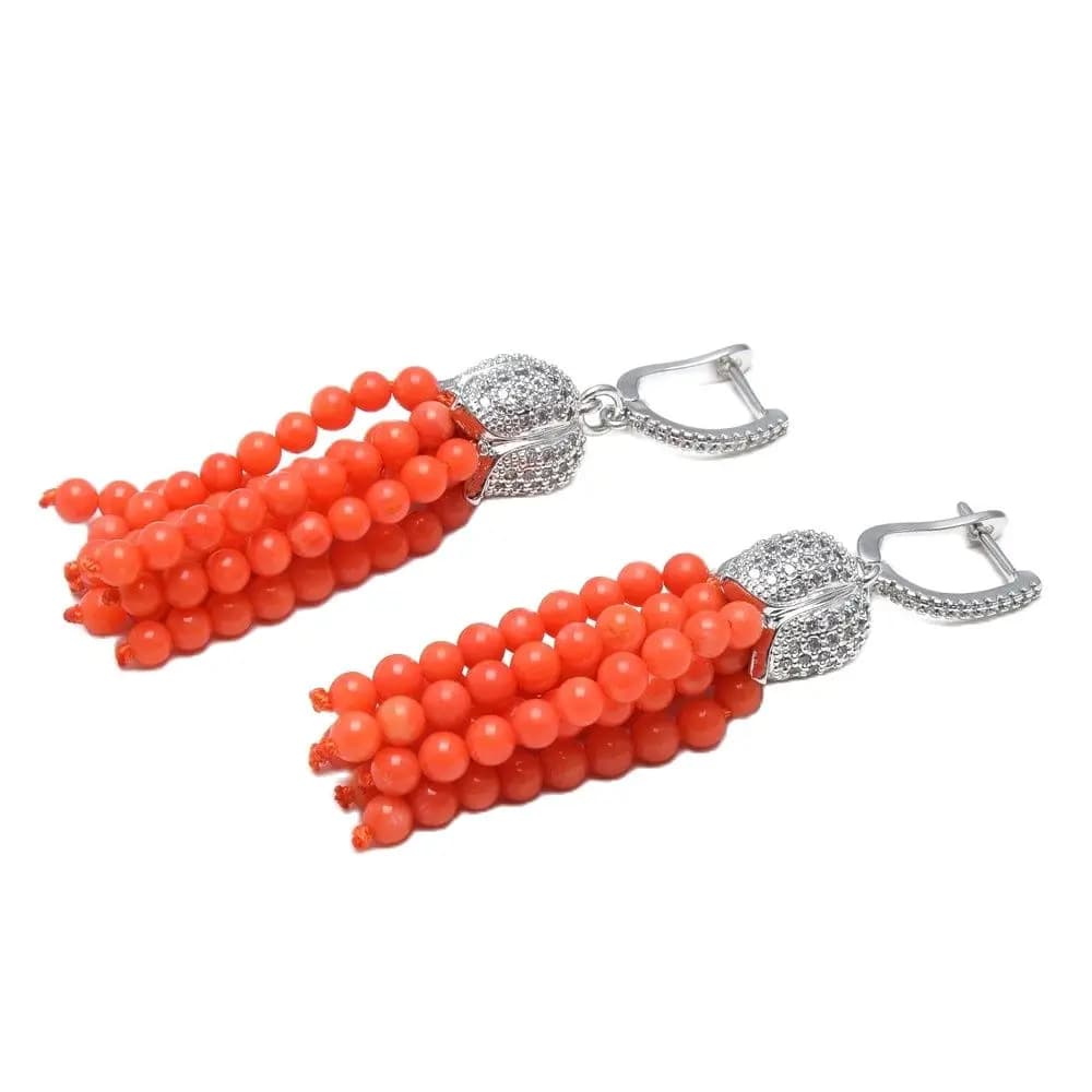 GG naturel Orange lisse rond corail perles couleur argent CZ pavé levier arrière boucles d'oreilles mignon pour les femmes