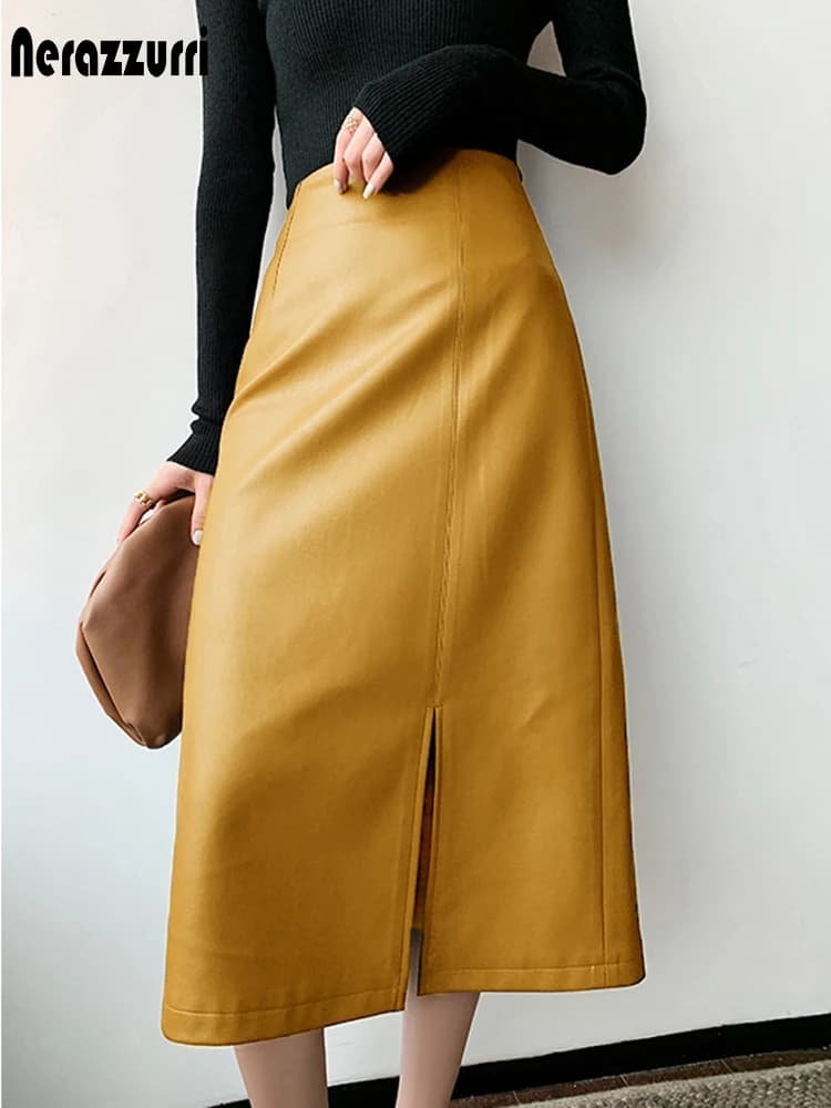 Jupes midi Nerazzurri, longueur sous le genou, jaune et noir, en cuir souple, avec fermeture éclair, jupes longues droites pour femmes, taille haute, 2021