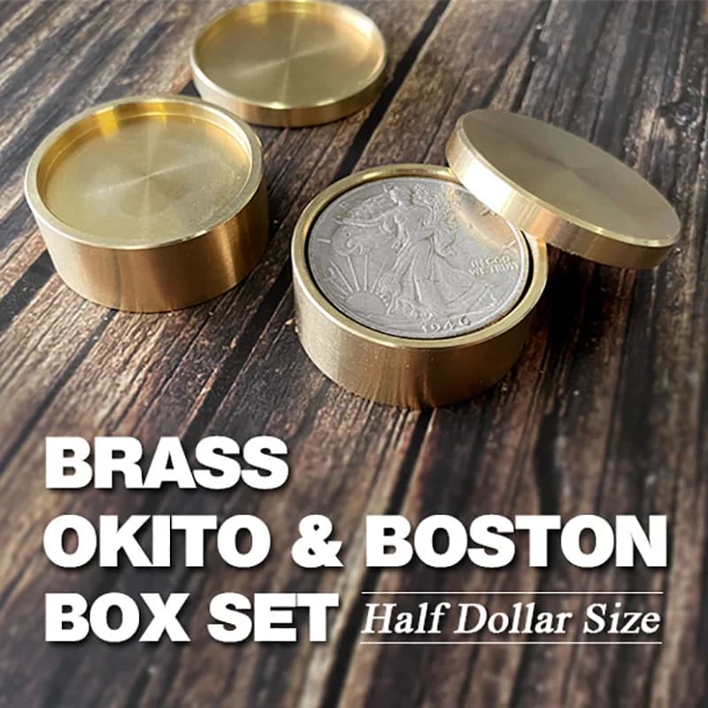Coffret en laiton Okito & Boston, tour de magie, pièce de taille demi-dollar