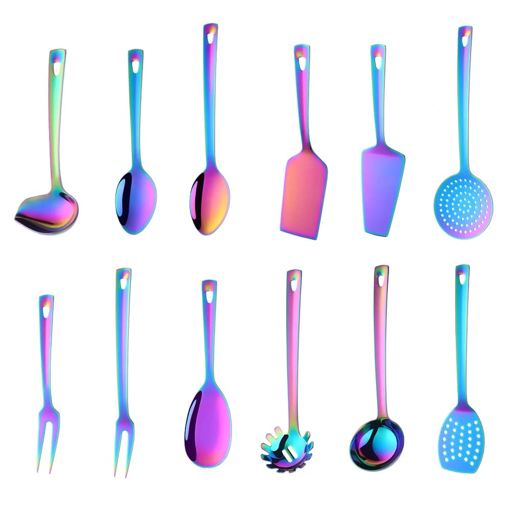 Ustensiles de cuisine antiadhésifs arc-en-ciel en acier inoxydable, outil de cuisine, ensembles de service longs, cuillère fourchette tourneur louche pelle à gâteau 1 pièce