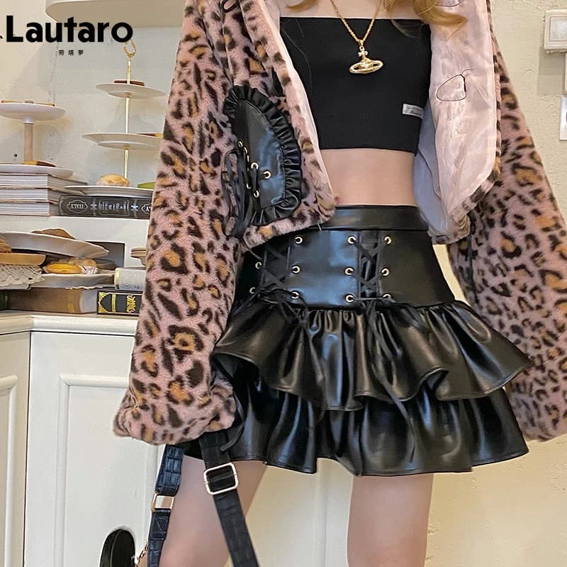 Jupe courte en cuir noir à lacets Lautaro pour femme, taille haute, mini-jupe à volants superposés, style gothique vintage, en similicuir, 2022, 7XL
