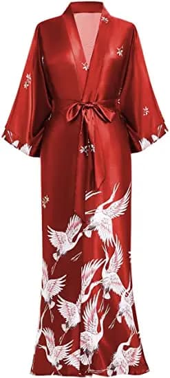 Peignoir kimono imprimé grue pour femme, robe de mariée, chemise de nuit en satin doux adt, vêtements de nuit à col en V, vêtements de nuit longs fantaisie