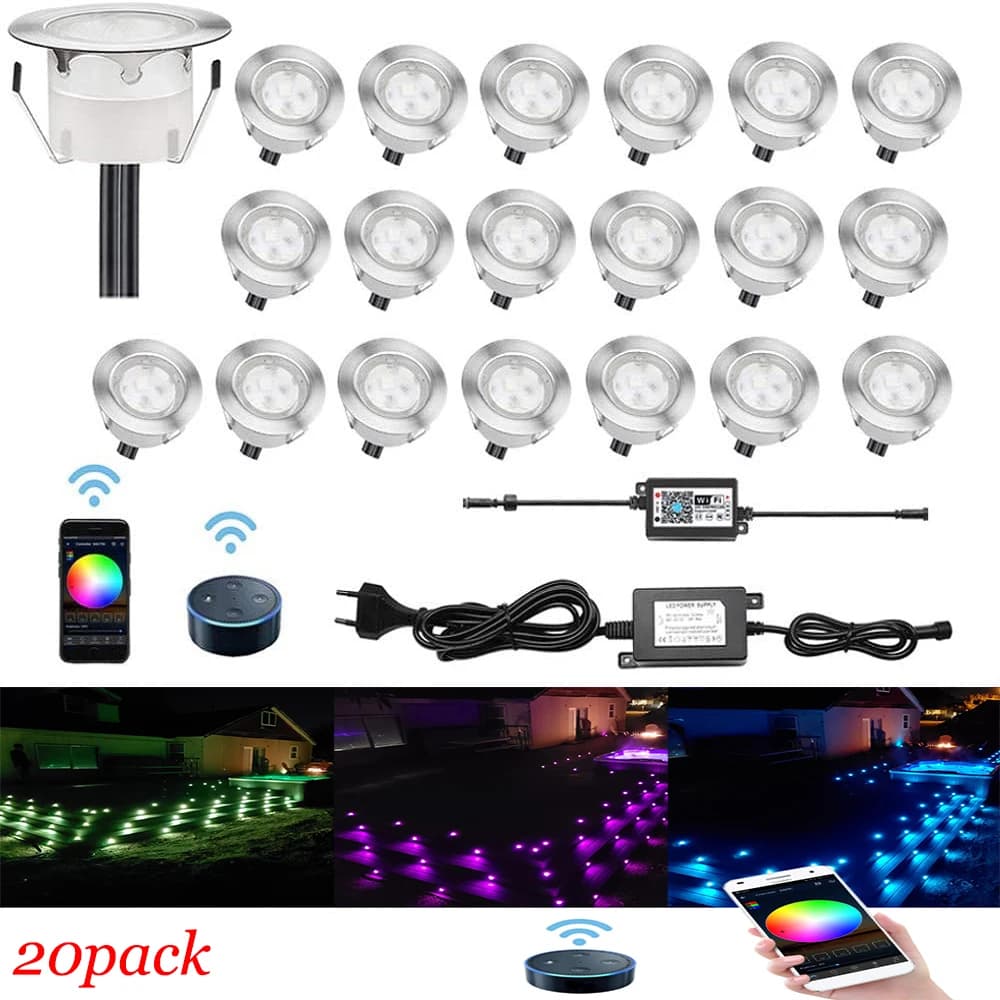 Lot de 20 lampes LED WIFI RGB pour terrasse, décoration de jardin, éclairage extérieur pour cour, patio, éclairage encastré pour escalier, DC12V 1W 45MM B109-20
