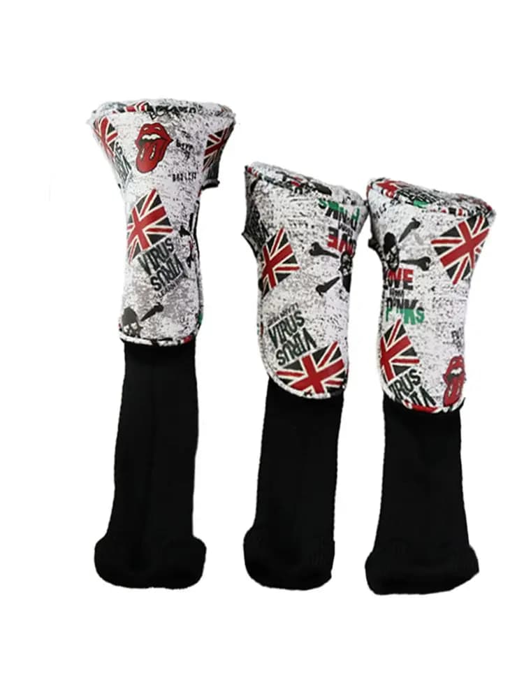 Lot de 3 housses de clubs de golf en tricot, pour driver et fairway wood, motif tête de mort, en cuir PU imperméable avec doublure en velours