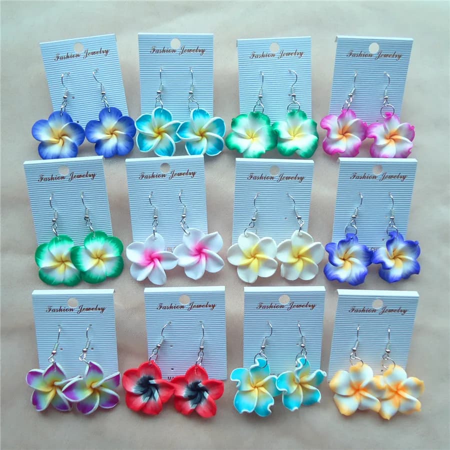 Boucles d'oreilles hawaïennes en argile polymère, fleurs de Plumeria, mélange de Frangipani pour femmes, accessoires de bijoux hawaïens, 3cm, 6 paires/lot