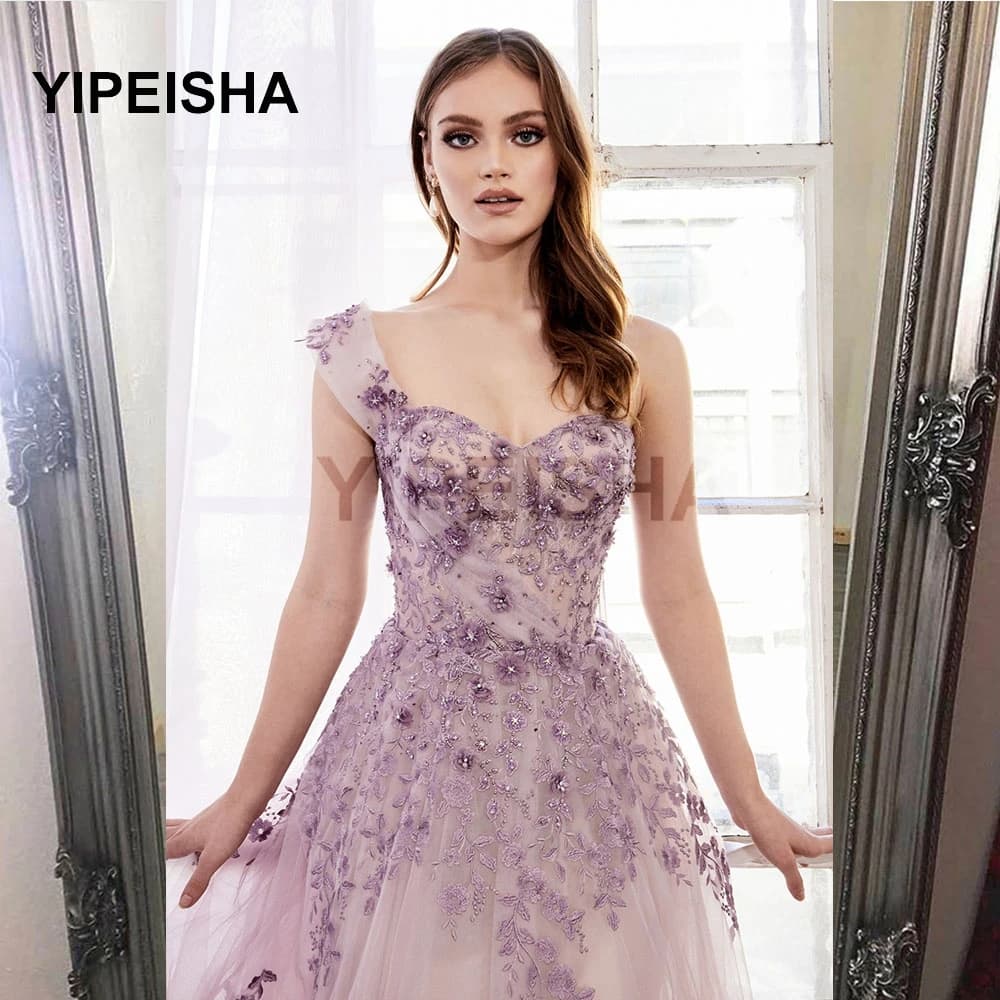 Robes de soirée longues violettes douces personnalisées, fleurs en tulle 3D à une initiative, appliques en dentelle perlée, élégantes et formelles, princesse G