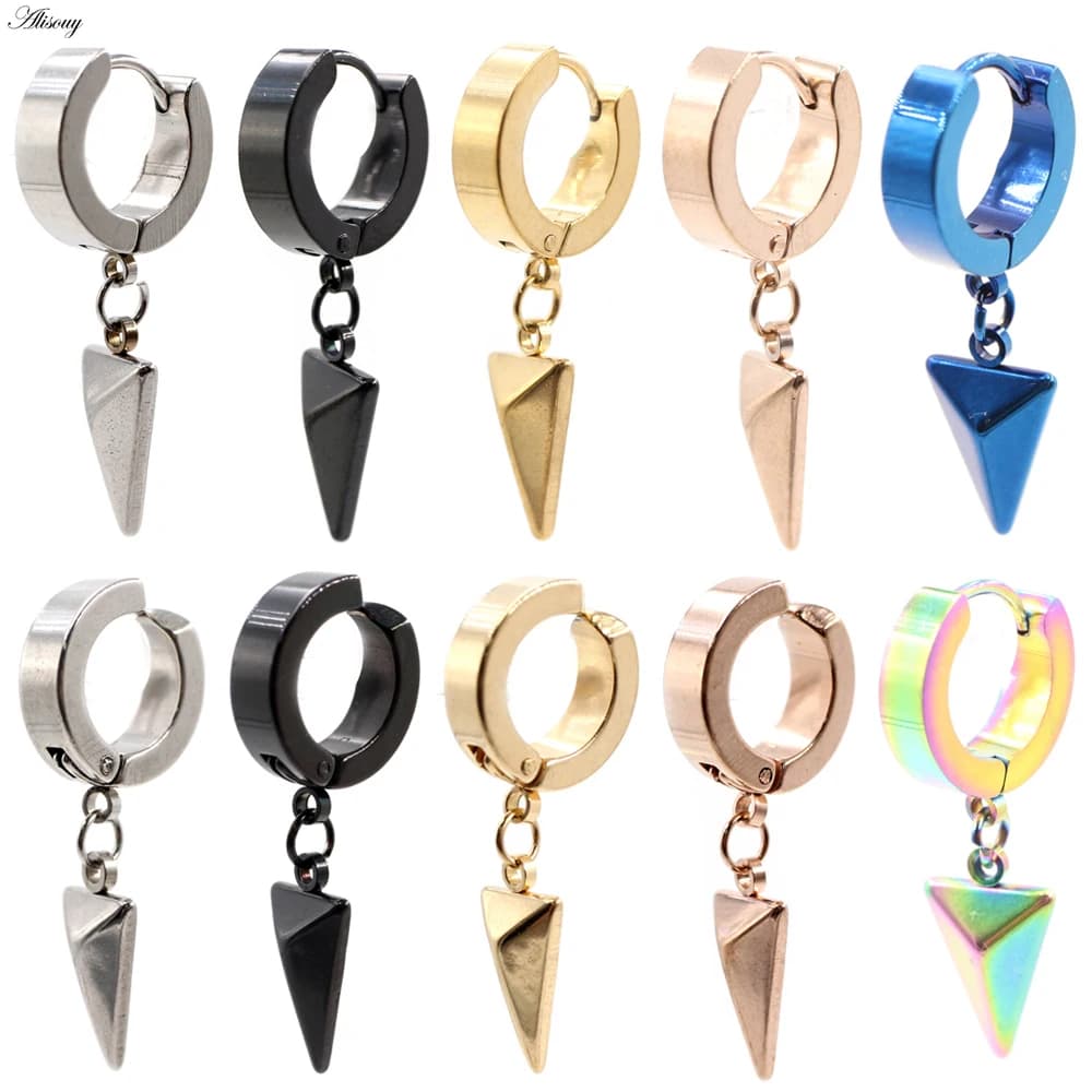 Alisouy Lot de 2 boucles d'oreilles créoles en acier inoxydable pour femmes et hommes, boucles d'oreilles pendantes triangulaires, style punk, hip-hop, gothique