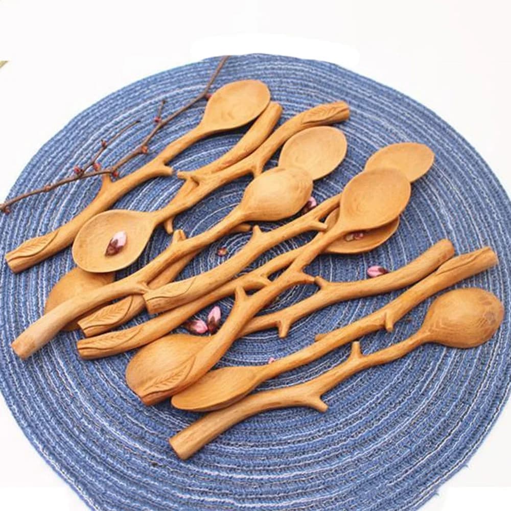 Cuillères en hêtre de style japonais créatif, cuillère en forme de branche, cuillère à long manche, cuillère à remuer le café, cuillère à soupe, ustensiles de cuisine