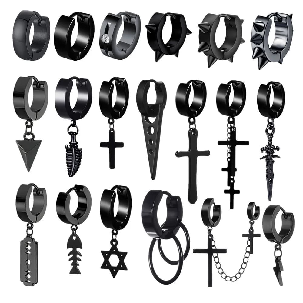 Boucles d'oreilles créoles noires Punk en acier inoxydable pour femmes et hommes, petits pendentifs de croix ronds à la mode, accessoires de bijoux, cadeaux, nouvelle collection 2021