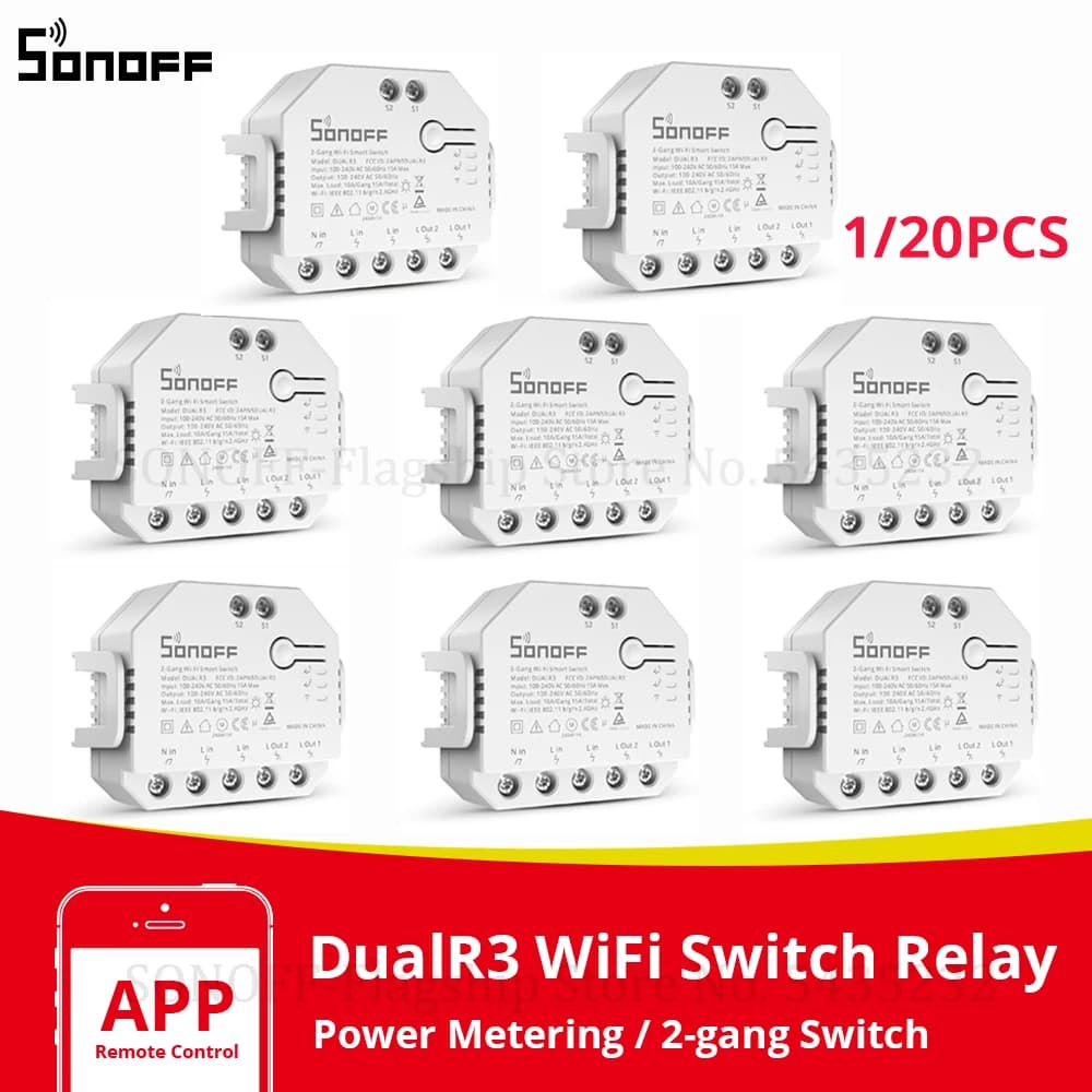 SONOFF-Commutateur intelligent WiFi DualR3, contrôle bidirectionnel, moniteur d'alimentation, voix nous-mêmes avec Alexa, Google Home, technologie MINI bricolage, citations 2 gangs
