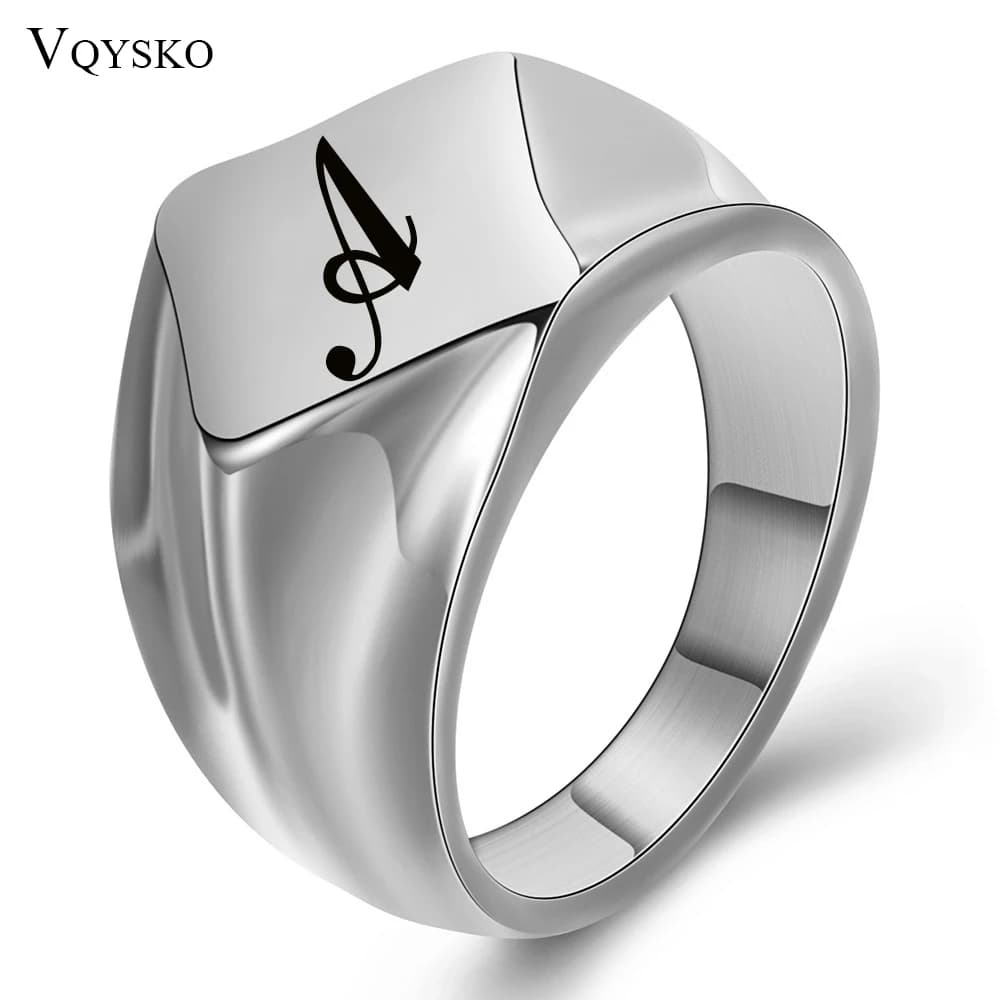 Bague à timbre initial pour hommes, chevalière de mode de 18mm, en acier inoxydable noir gravé, lettre initiale personnalisée, bijoux personnalisés