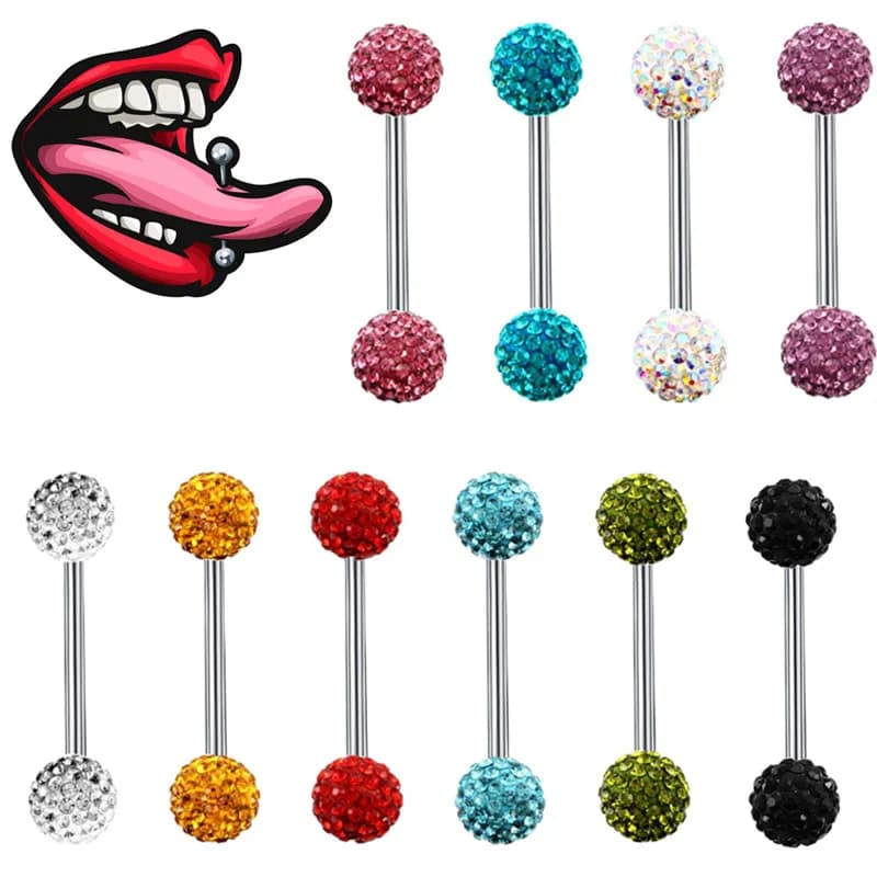 Boule de cristal en acier inoxydable, 14G, barre de perçage pour mamelon, langue brillante, anneau en vrac, bijoux Sexy pour le corps